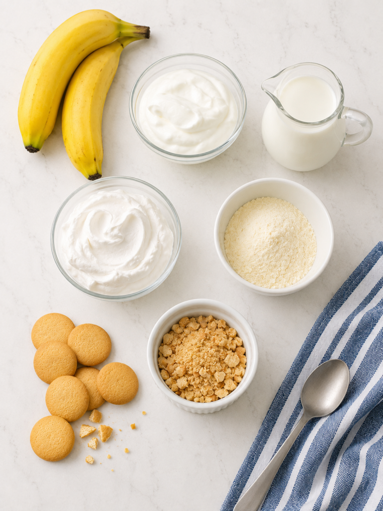 Ingredients for healthy banana pudding including bananas, Greek yogurt, whipped topping, milk, vanilla pudding mix, and vanilla wafers.