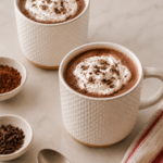 Simple healthy hot chocolate in a cream ceramic mug with a smooth chocolate surface and cozy kitchen styling.