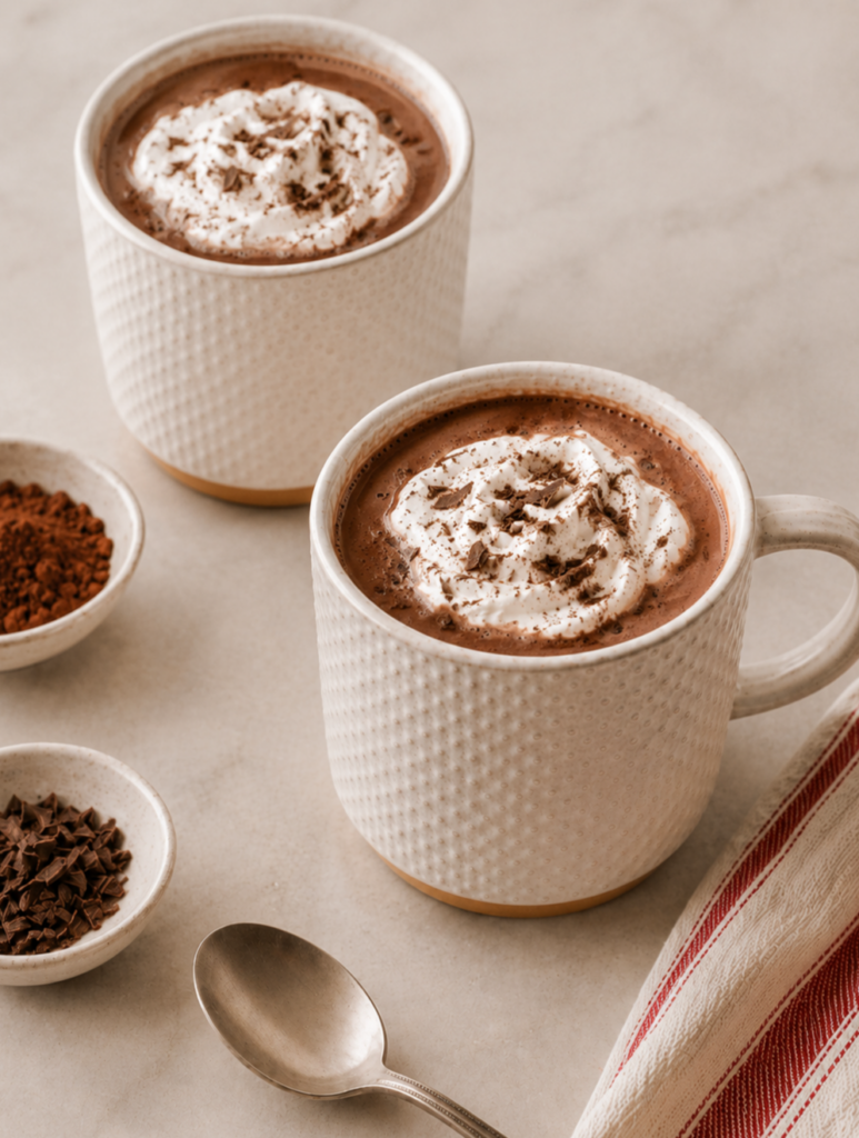 Simple healthy hot chocolate in a cream ceramic mug with a smooth chocolate surface and cozy kitchen styling.