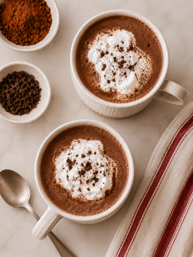 Two mugs of healthy hot chocolate topped with soft whipped cream and chocolate shavings on a light countertop.