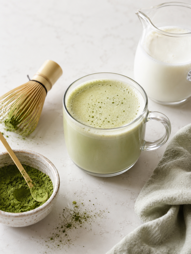 Healthy matcha green tea latte in a clear glass mug with matcha powder, bamboo whisk, milk, and sage towel on a light marble countertop.