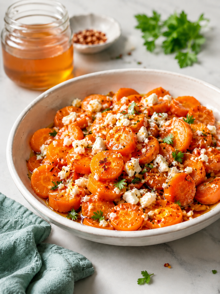 Hot honey feta carrots made with sliced canned carrots, crumbled feta, parsley, red pepper flakes, and a glossy hot honey glaze in a white ceramic bowl.