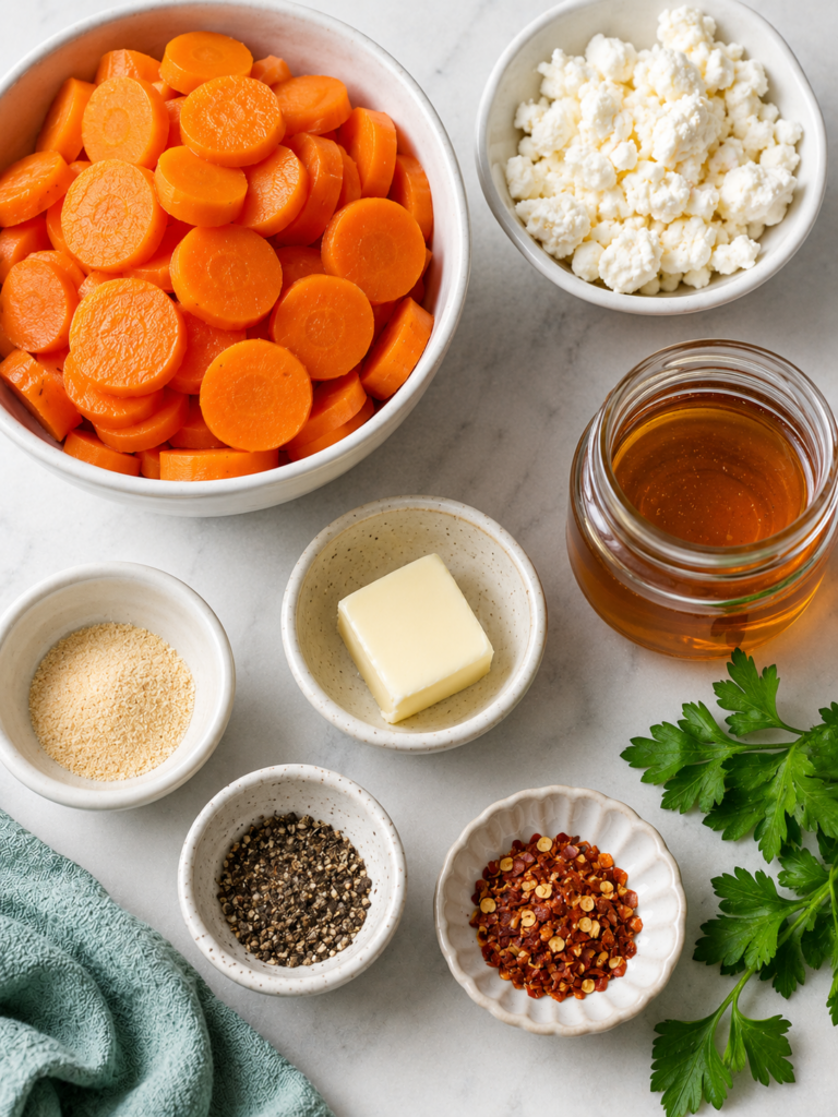 Ingredients for hot honey feta carrots, including sliced canned carrots, crumbled feta, hot honey, butter, garlic powder, black pepper, red pepper flakes, and parsley.