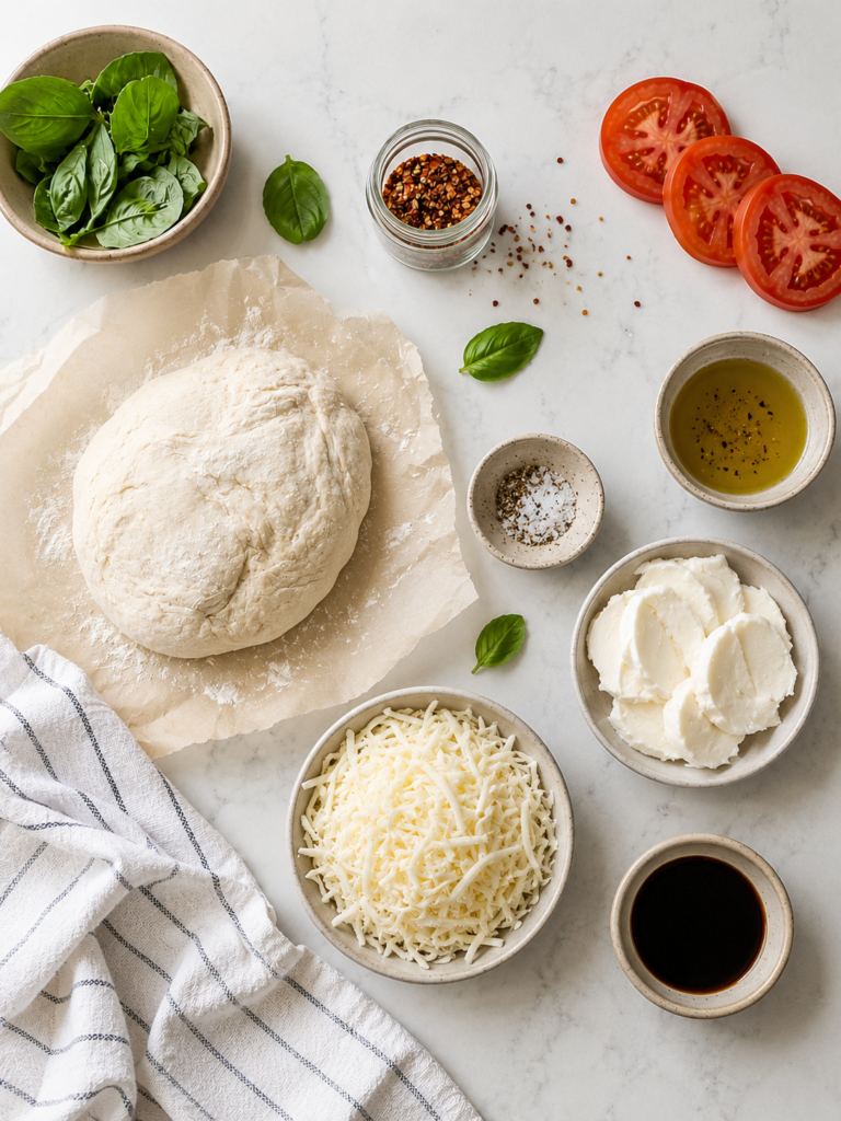 Overhead ingredient shot for margarita pizza with store-bought pizza dough, shredded mozzarella, fresh mozzarella, Roma tomatoes, basil, olive oil, balsamic glaze, and red pepper flakes.