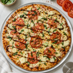 Homemade margarita pizza recipe with mozzarella, Roma tomatoes, basil, and balsamic glaze on a silver pizza pan.