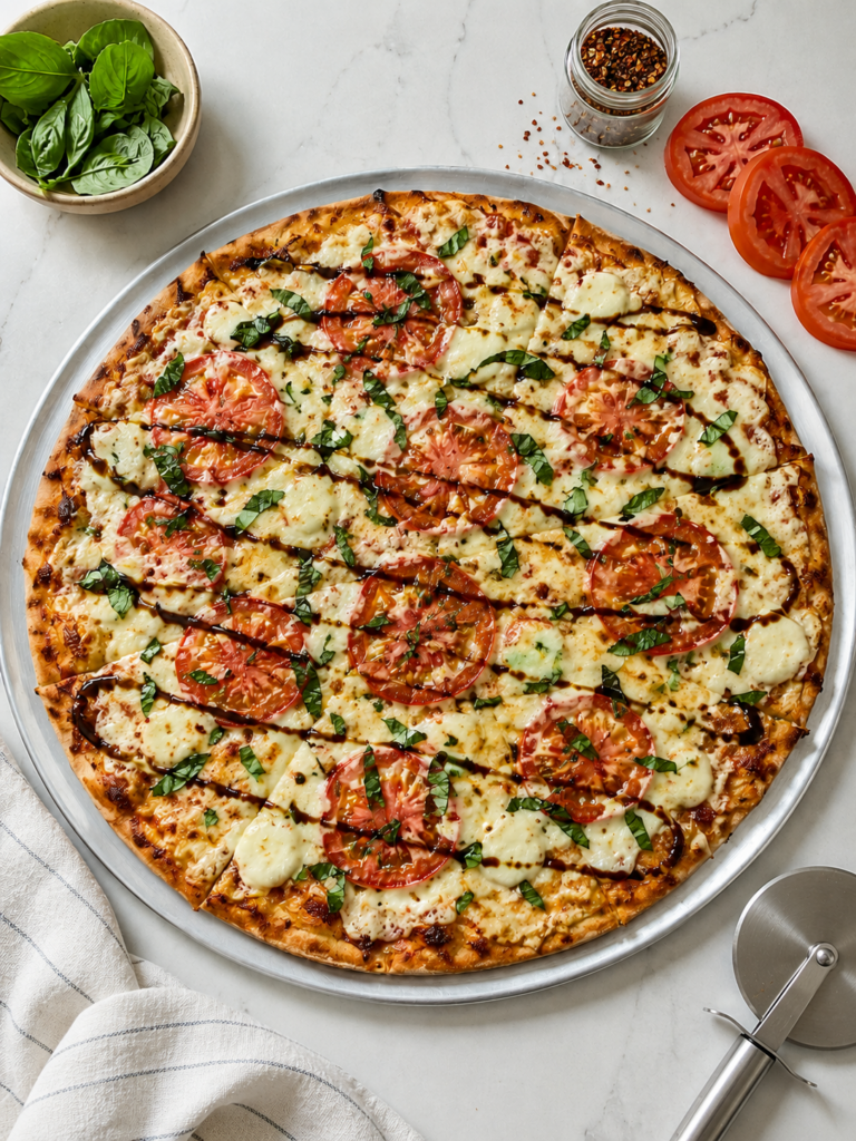 Homemade margarita pizza recipe with mozzarella, Roma tomatoes, basil, and balsamic glaze on a silver pizza pan.