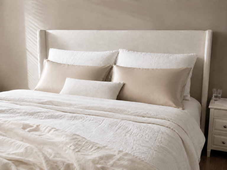 Neutral bedroom with two champagne silk pillowcases on a white bed in soft natural light