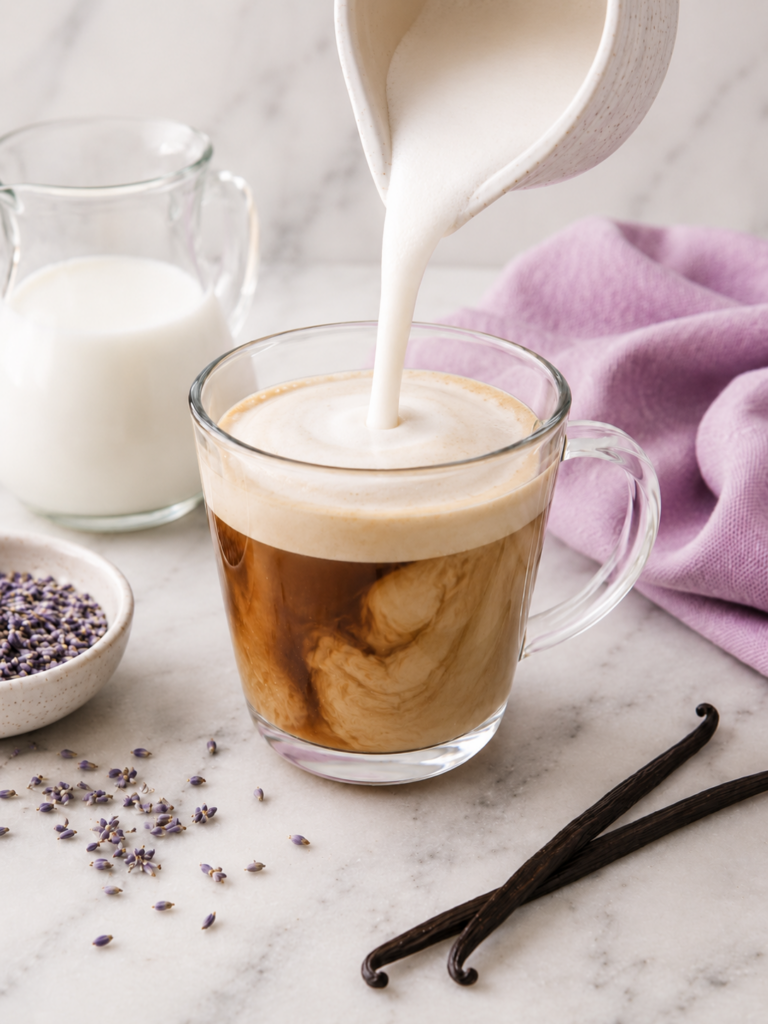 Frothed milk being poured into a clear glass mug of coffee for a homemade vanilla lavender latte, with lavender buds and vanilla beans on a marble countertop.