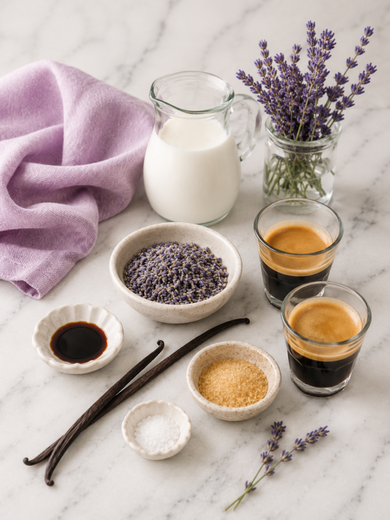 Ingredients for a homemade vanilla lavender latte arranged on a marble countertop with milk, espresso, dried lavender, vanilla beans, sugar, and lavender sprigs.