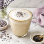 Creamy vanilla lavender latte in a clear glass mug topped with dried lavender, styled with lavender buds, vanilla paste, vanilla beans, and a lilac towel on a marble countertop.