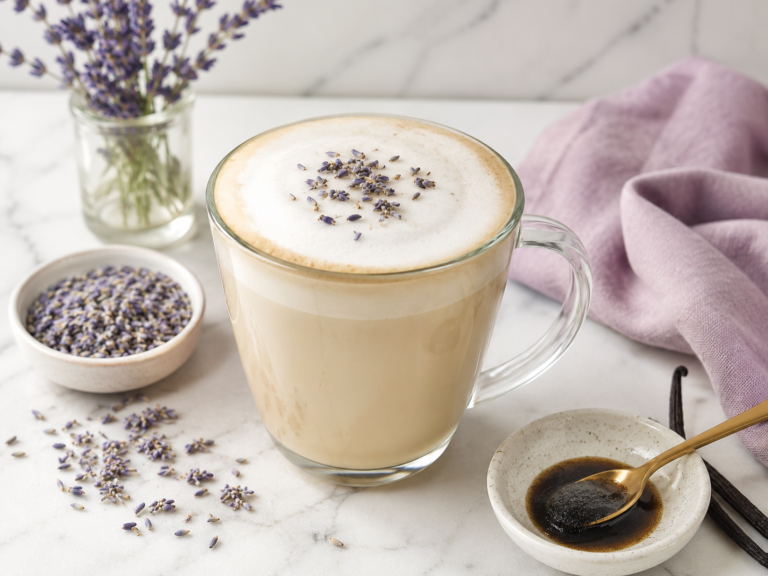 Creamy vanilla lavender latte in a clear glass mug topped with dried lavender, styled with lavender buds, vanilla paste, vanilla beans, and a lilac towel on a marble countertop.