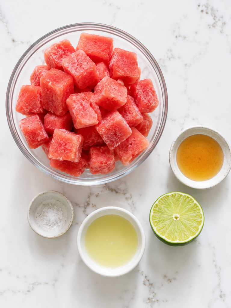 Frozen watermelon cubes, lime juice, honey, salt, and lime arranged overhead on a marble countertop.