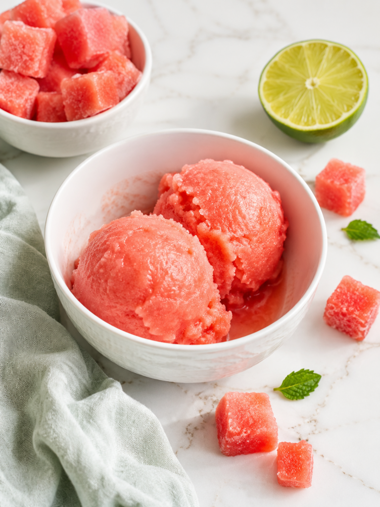 Watermelon sorbet scooped in a white bowl with frozen watermelon cubes and lime on a marble countertop.