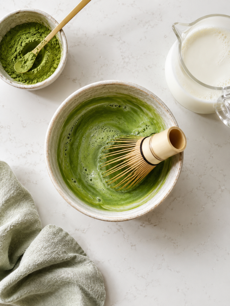 Matcha powder whisked with warm water in a ceramic bowl using a bamboo whisk to make a smooth matcha latte base.