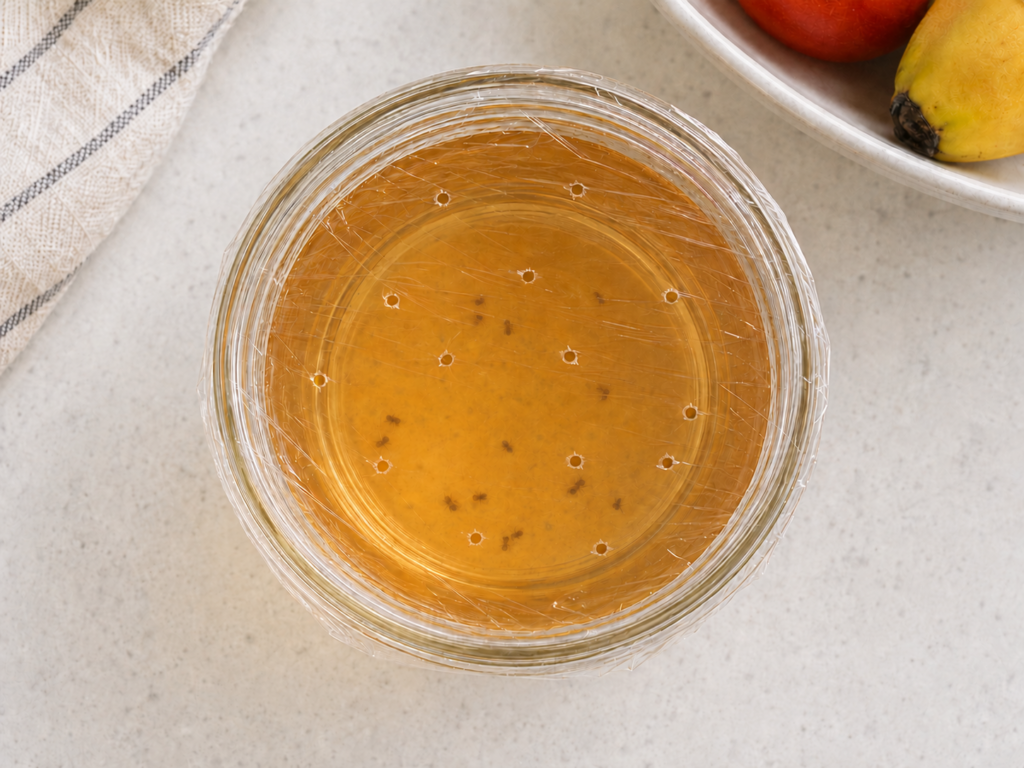 Overhead view of an apple cider vinegar fruit fly trap covered with punctured plastic wrap.