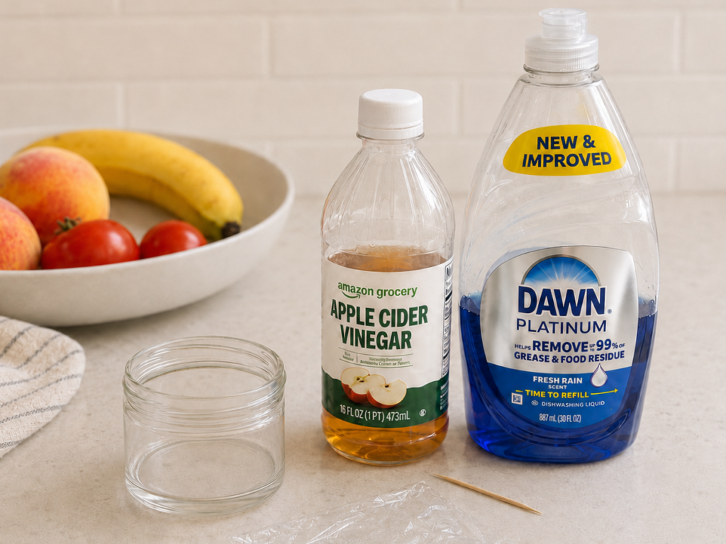 Supplies for making a fruit fly trap, including a glass jar, apple cider vinegar, dish soap, plastic wrap and a toothpick.