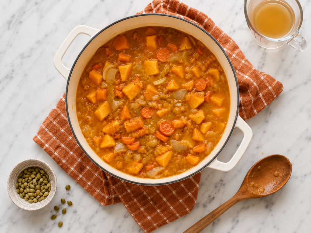 Chunky butternut squash, pumpkin, carrots and onions simmering in a Dutch oven before blending