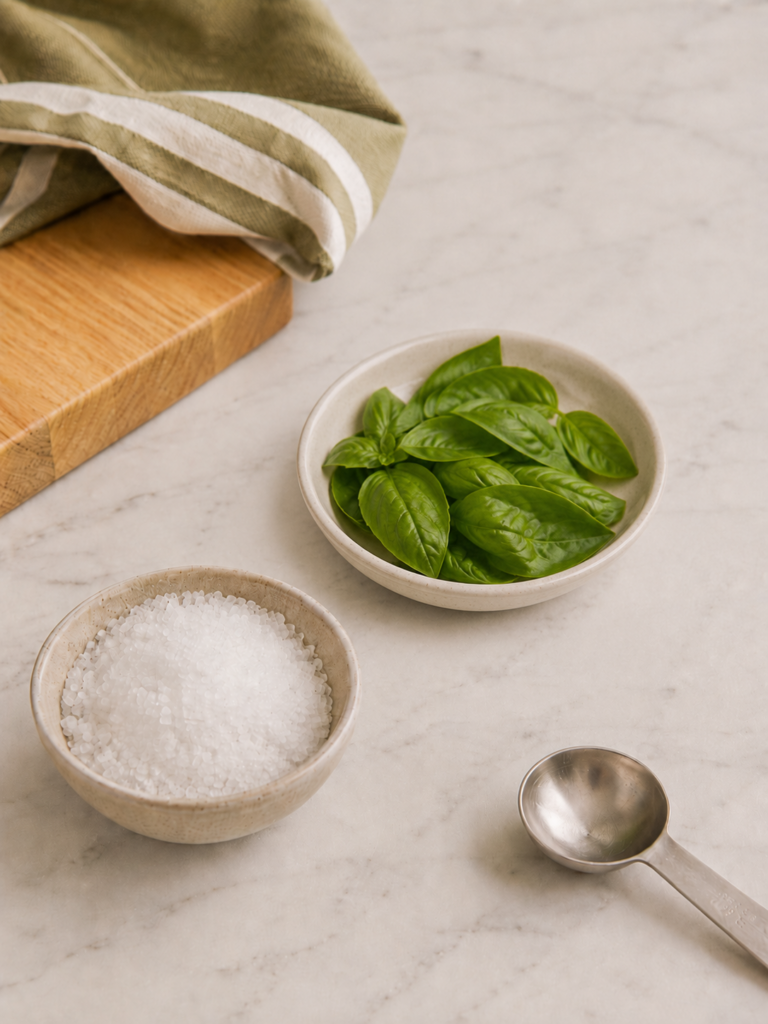 Fresh basil leaves and coarse salt in ceramic bowls with a measuring spoon on a marble countertop.