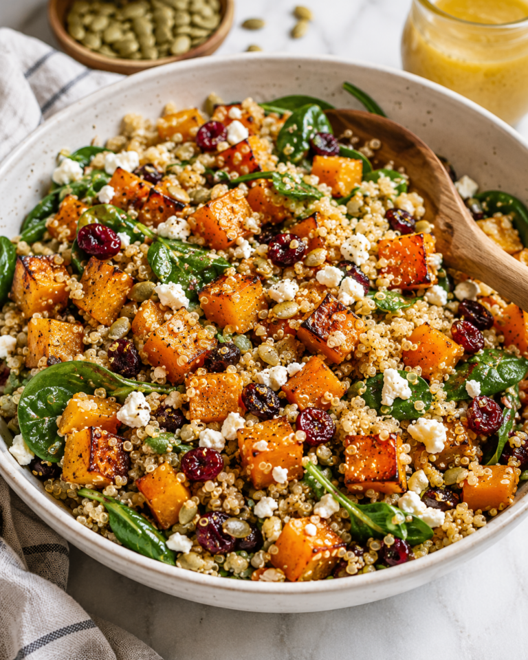 Butternut squash quinoa salad with spinach, dried cranberries, feta, pumpkin seeds, and maple Dijon dressing.