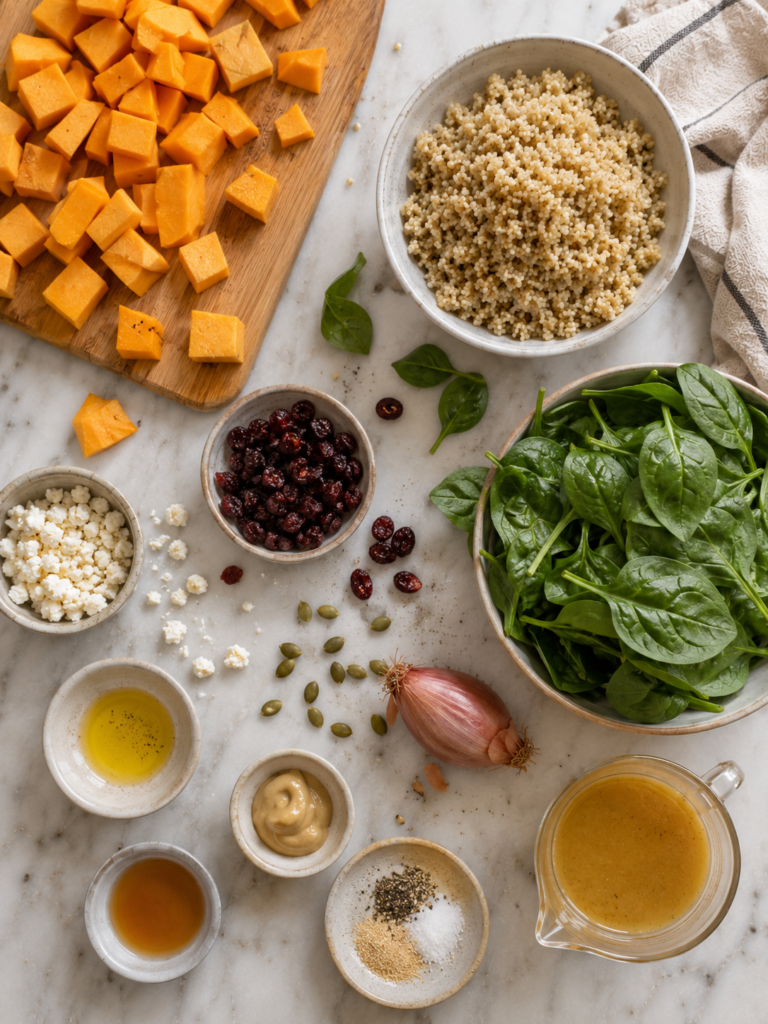 Ingredients for butternut squash quinoa salad, including cubed squash, quinoa, spinach, feta, cranberries, pumpkin seeds, and dressing.