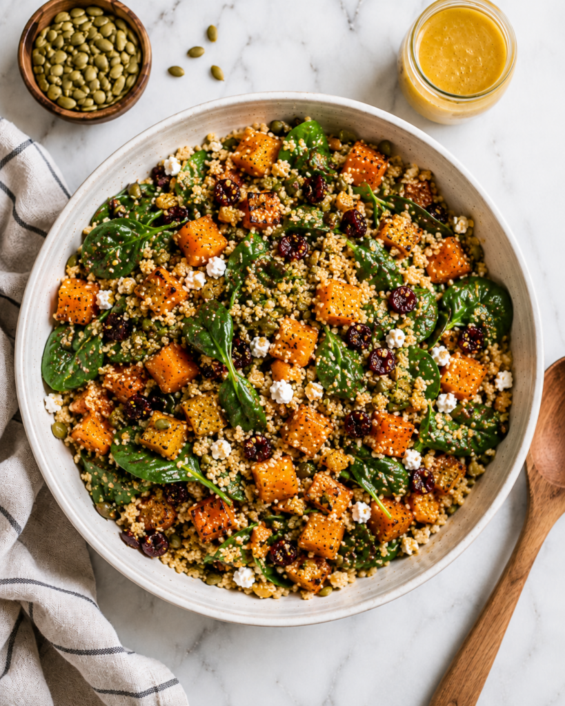 Overhead view of butternut squash quinoa salad with spinach, feta, cranberries, and pumpkin seeds.