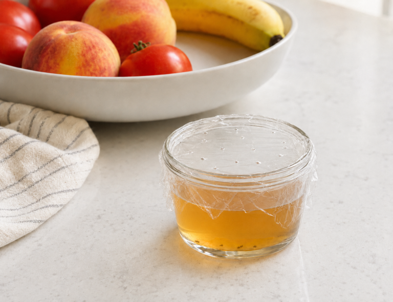Homemade apple cider vinegar fruit fly trap with dead fruit flies settled at the bottom.