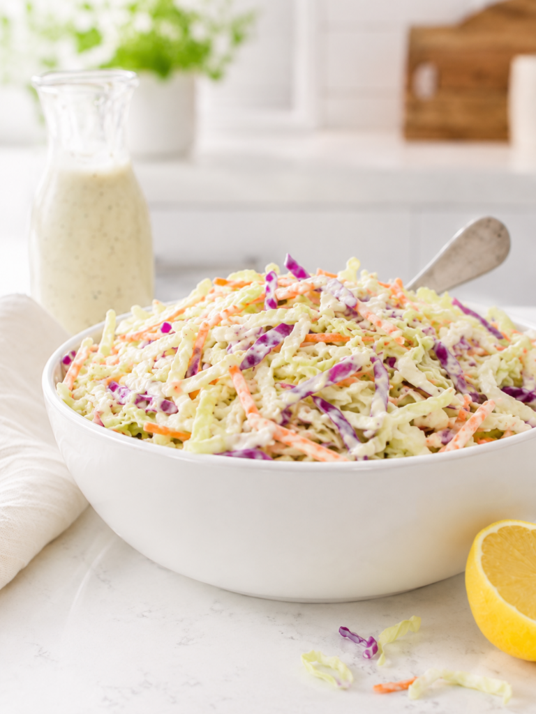 Creamy homemade coleslaw in a white bowl with coleslaw dressing blurred in the background.