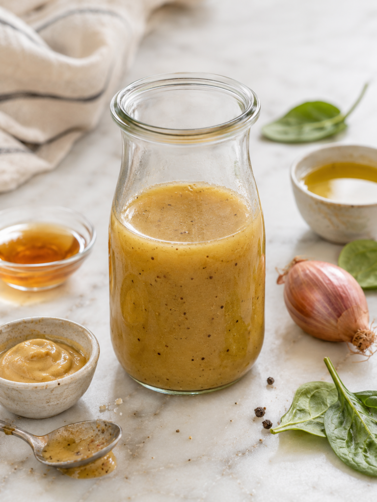Maple Dijon salad dressing in a clear glass jar with a spoon and striped kitchen towel.