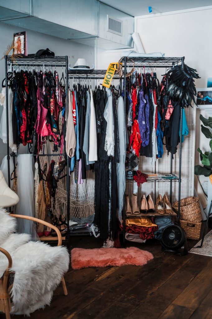 Inside the Exactly You Boudoir client closet, stocked with lingerie and outfits in sizes XS–4XL