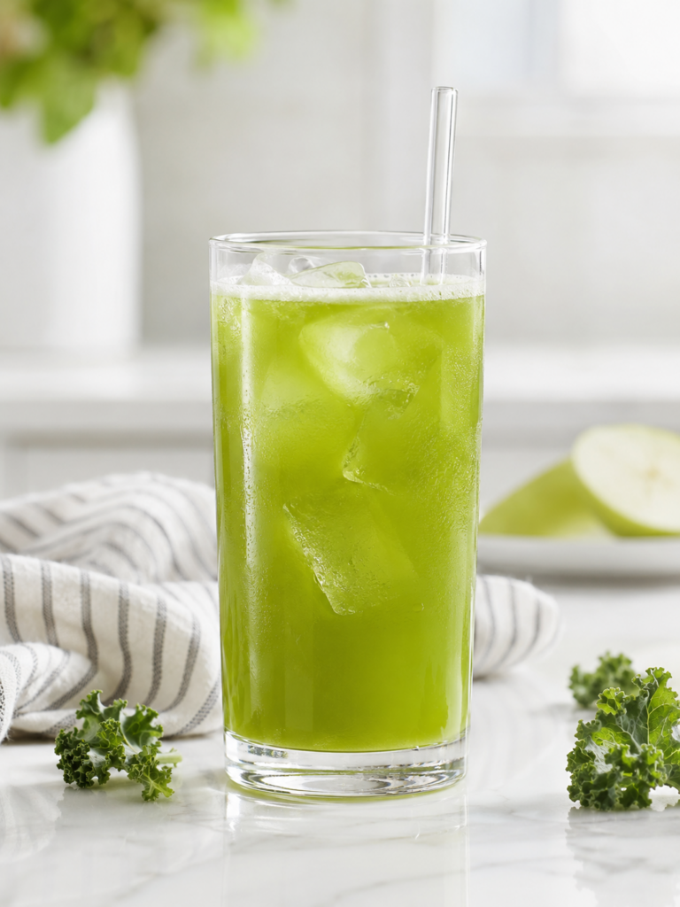 Iced homemade First Watch kale tonic copycat with a glass straw on a bright marble countertop.