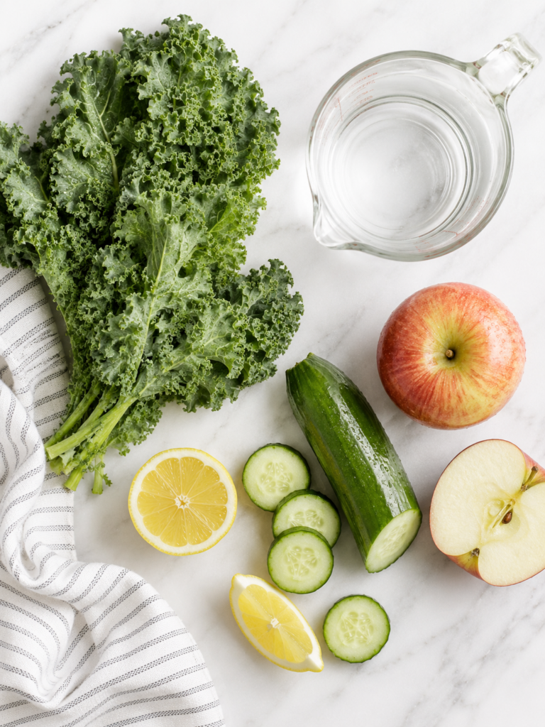 Kale, Fuji apple, English cucumber, lemon and cold water arranged for homemade kale tonic.