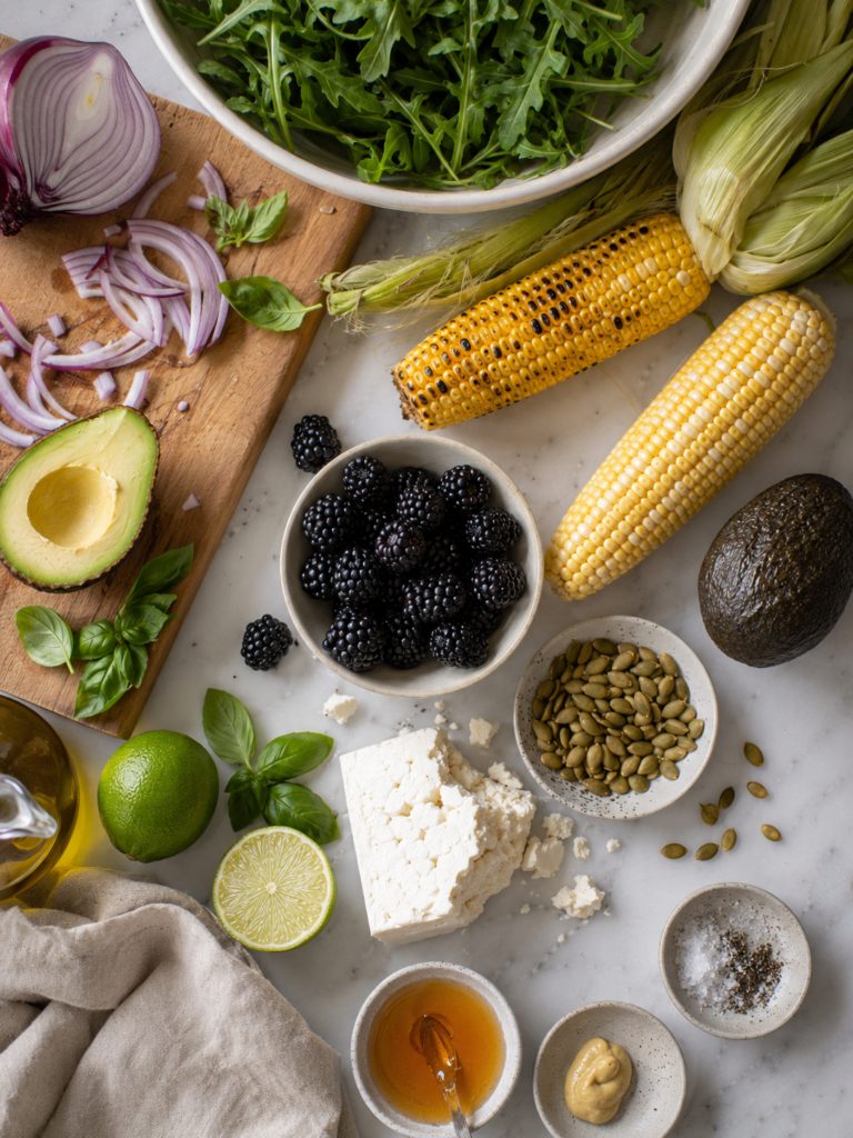 Ingredients for grilled corn salad with blackberries and feta, including corn, arugula, avocado, basil, red onion, lime and pepitas.