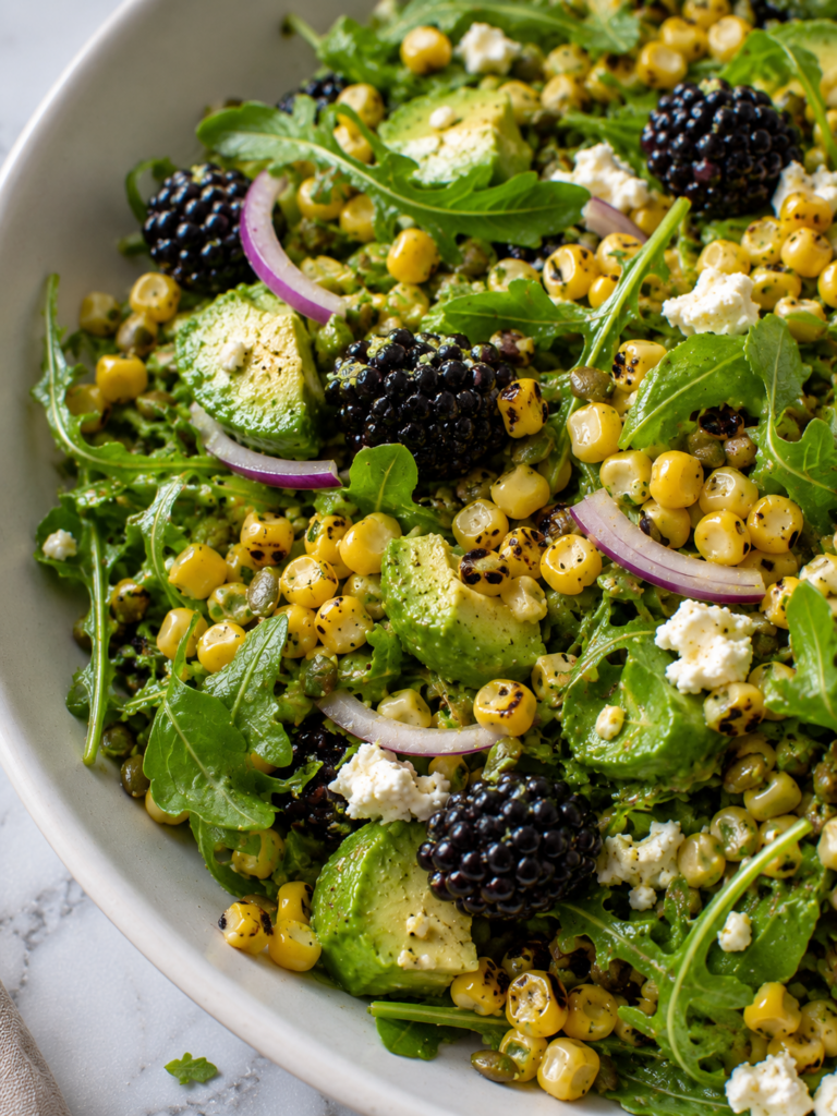 Close-up of grilled corn salad with blackberries, avocado, arugula, red onion, crumbled feta and toasted pepitas.