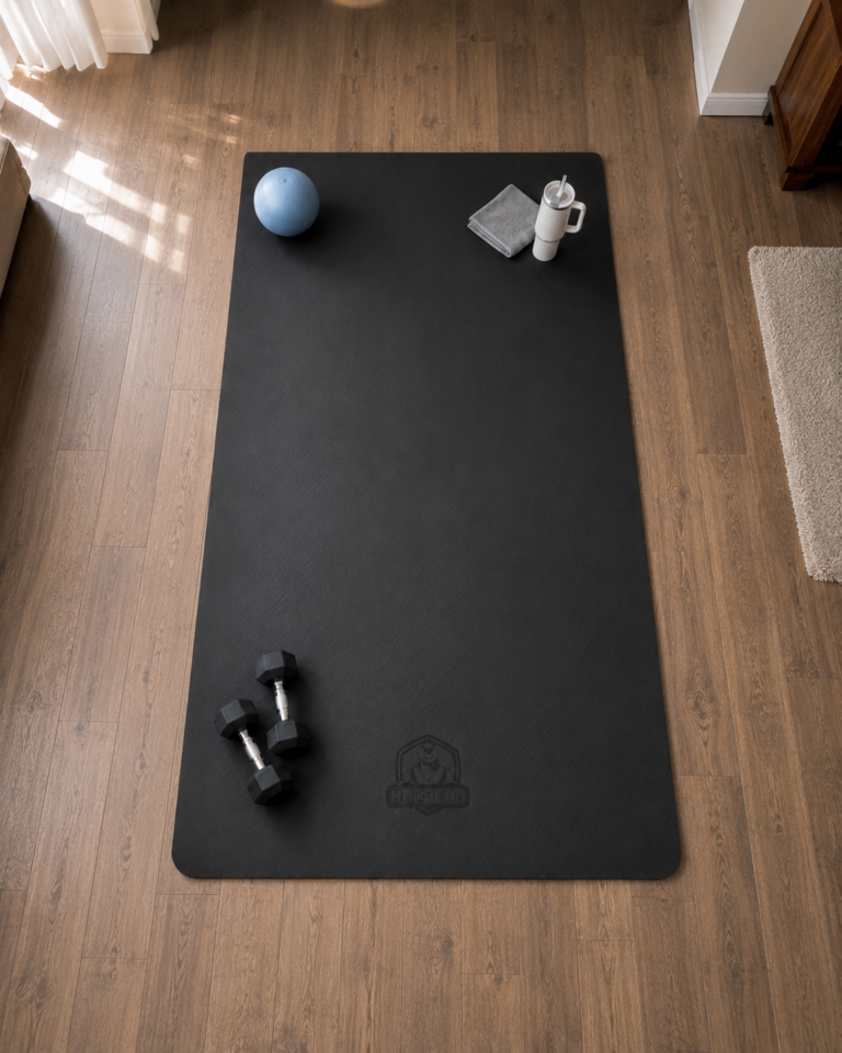Extra large black Hapbear yoga mat laid out in a home living room workout space with dumbbells, a light blue exercise ball, a small towel, and a handled tumbler.