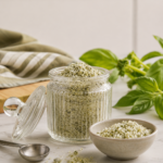 Homemade basil salt in a ribbed glass jar with fresh basil, a ceramic bowl, and a measuring spoon on a marble countertop.