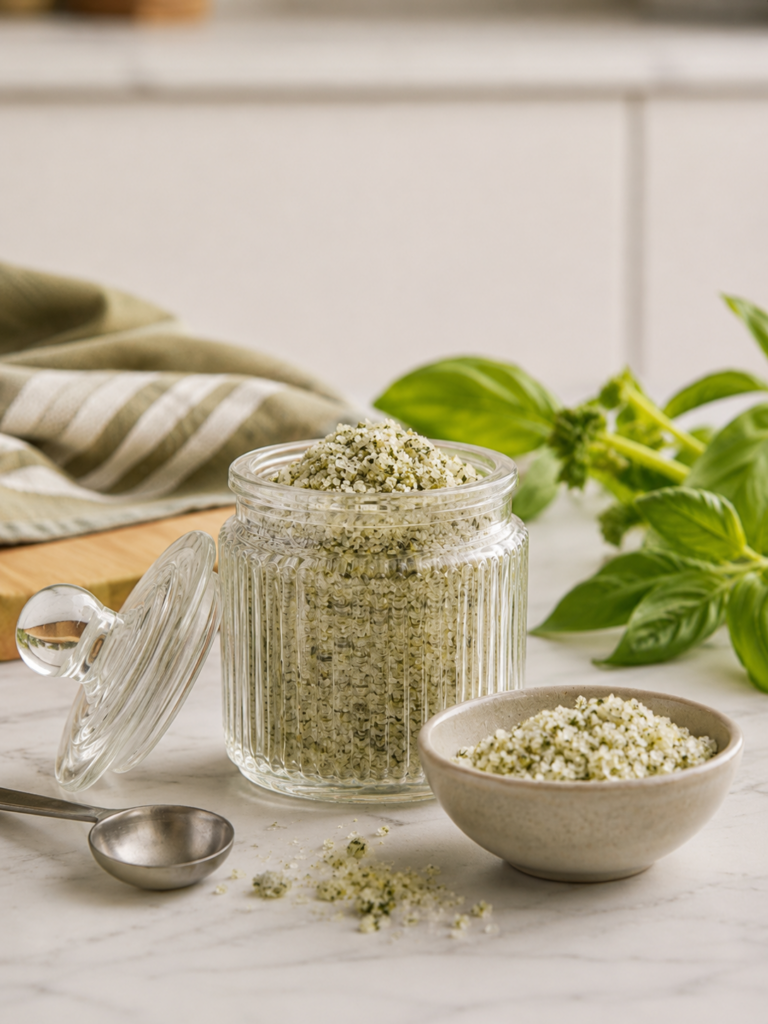 Homemade basil salt in a ribbed glass jar with fresh basil, a ceramic bowl, and a measuring spoon on a marble countertop.