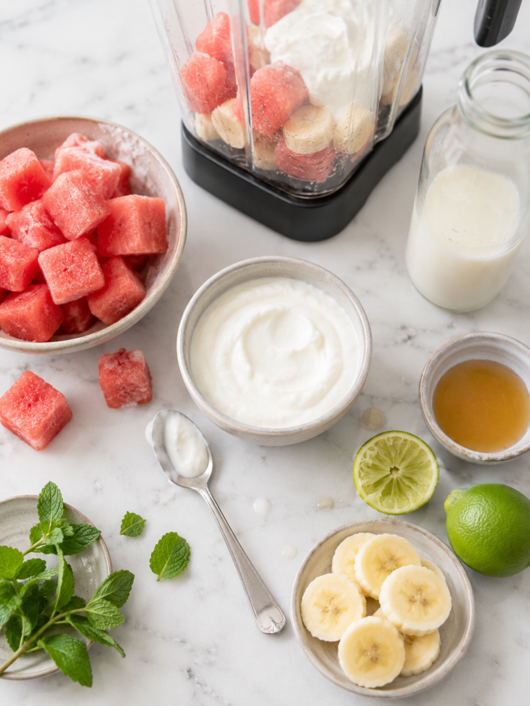 Watermelon smoothie ingredients on a marble countertop with frozen fruit, yogurt, milk, lime, and a blender.