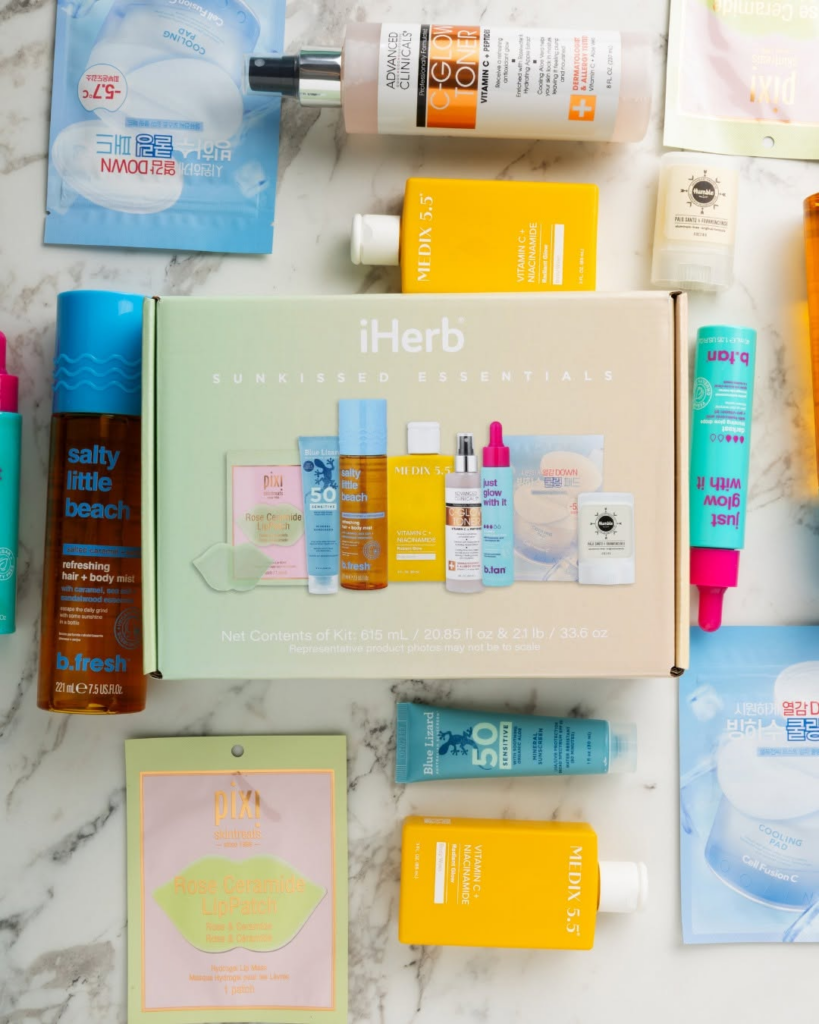 Limited-edition 8-piece set with high-quality, dermatologist-approved sun care and brightening essentials from iHerb Facebook Post - June 1, 2026.