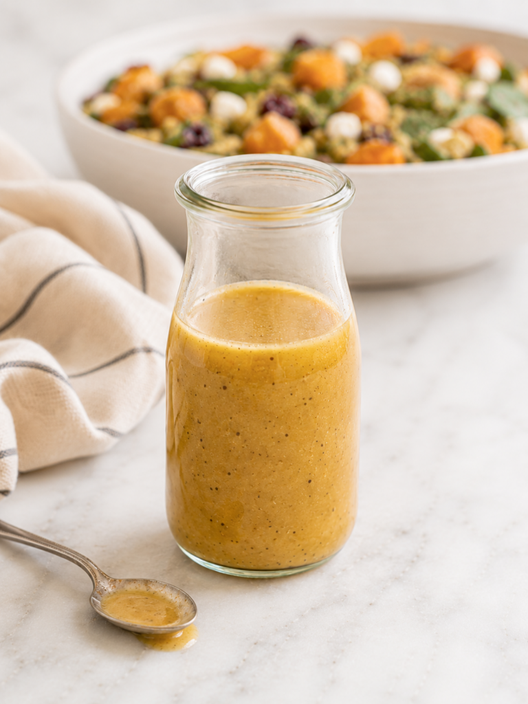 Homemade maple Dijon dressing in a glass jar with butternut squash quinoa salad blurred in the background.