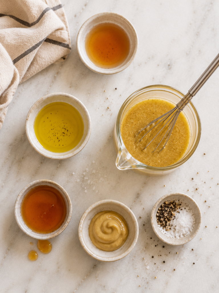 Olive oil, apple cider vinegar, maple syrup, Dijon mustard, salt, and pepper for maple Dijon dressing.