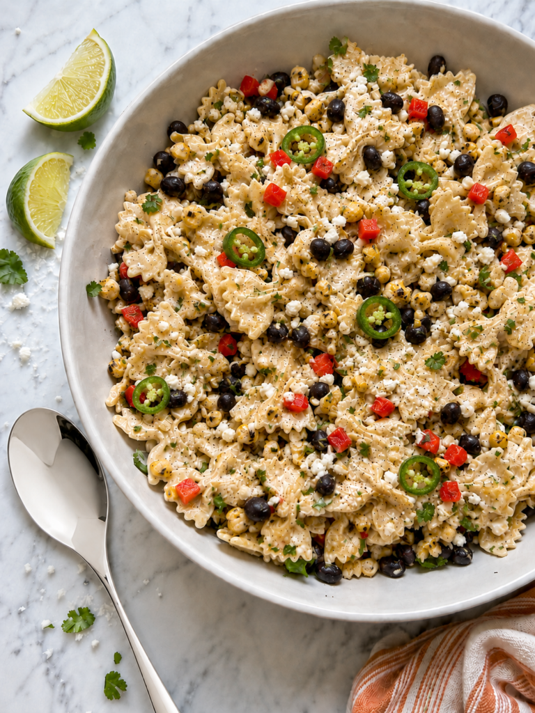 Mexican street corn pasta salad with charred corn, black beans, red bell pepper, jalapeño, cilantro, cotija cheese, and creamy chili-lime dressing.