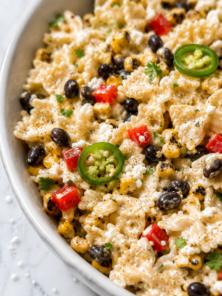Close-up of creamy Mexican street corn pasta salad with bow-tie pasta, charred corn, black beans, red bell pepper, jalapeño, cilantro, and cotija cheese.