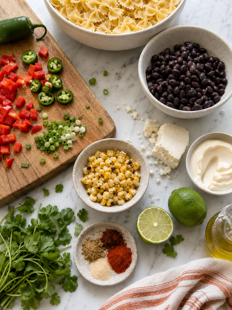 Ingredients for Mexican street corn pasta salad, including bow-tie pasta, corn, black beans, red bell pepper, jalapeño, green onions, cilantro, cotija, lime, mayonnaise, and spices.