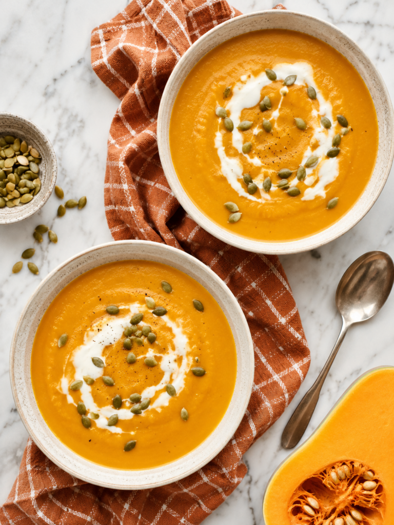 Two bowls of creamy autumn squash soup topped with pumpkin seeds and a swirl of cream