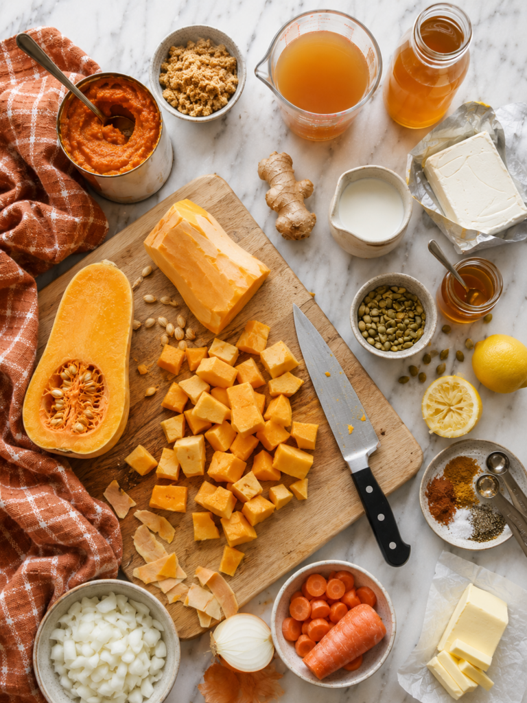Butternut squash, pumpkin puree, vegetables, spices and creamy ingredients for autumn squash soup