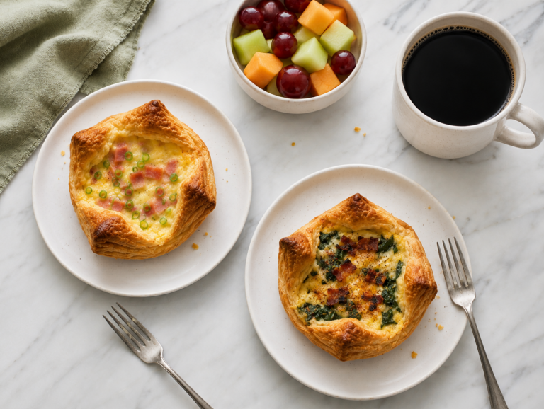 Two Panera-style egg soufflés — ham and Swiss and spinach and bacon — on white plates with fruit and coffee, the closest thing Panera has to quiche