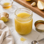 Homemade copycat Panera Fuji apple salad dressing in a glass jar with fresh ginger, garlic, and lemon on a marble countertop