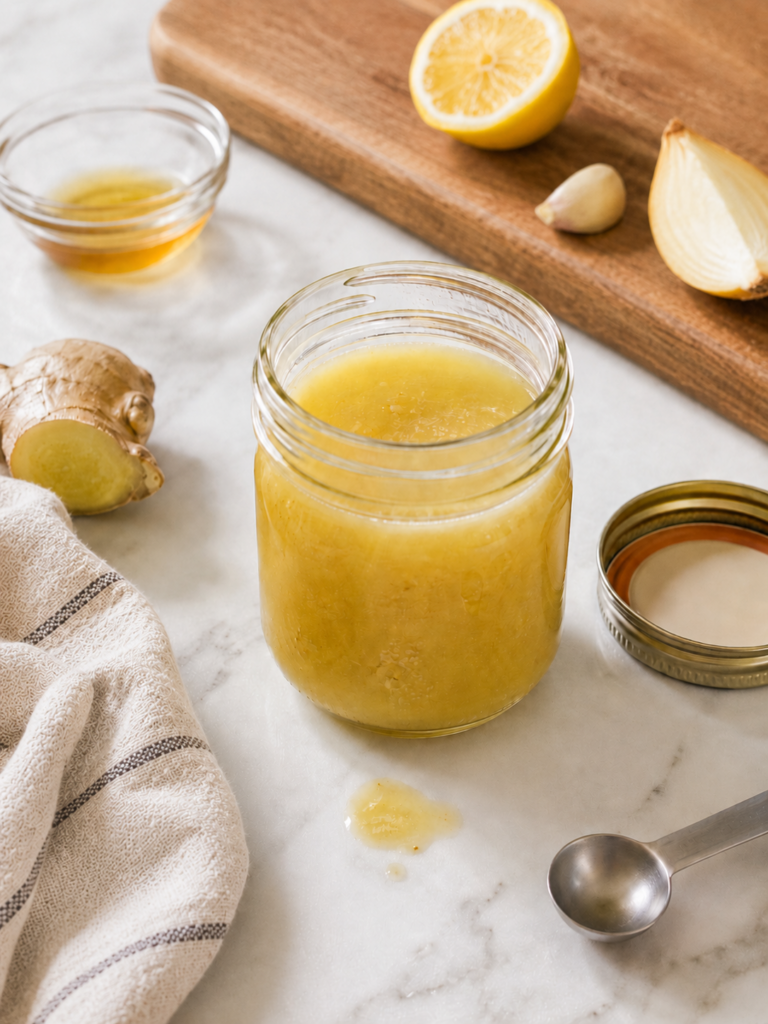 Homemade copycat Panera Fuji apple salad dressing in a glass jar with fresh ginger, garlic, and lemon on a marble countertop