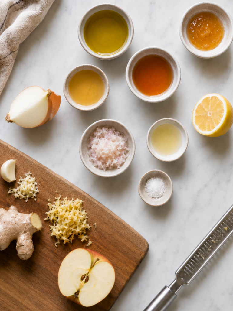 Ingredients for copycat Panera Fuji apple salad dressing — olive oil, apple juice concentrate, white balsamic, honey, grated onion, garlic, ginger, lemon, and salt
