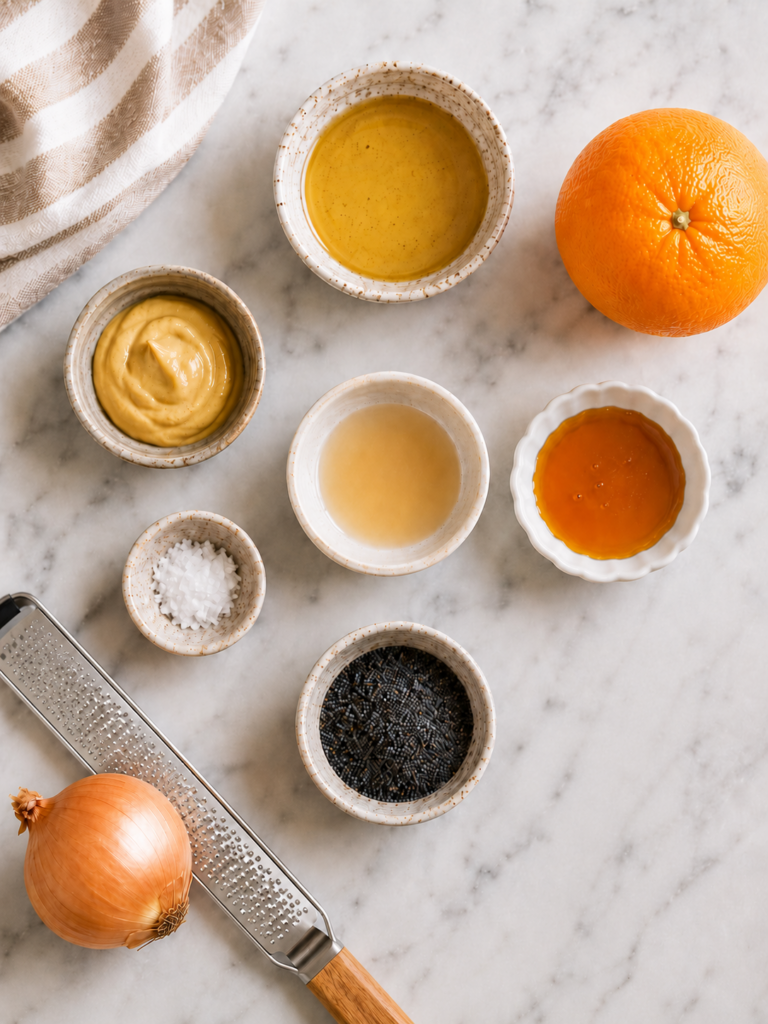 Ingredients for copycat Panera poppyseed dressing — oil, apple cider vinegar, honey, orange, grated onion, Dijon mustard, poppy seeds, and salt.